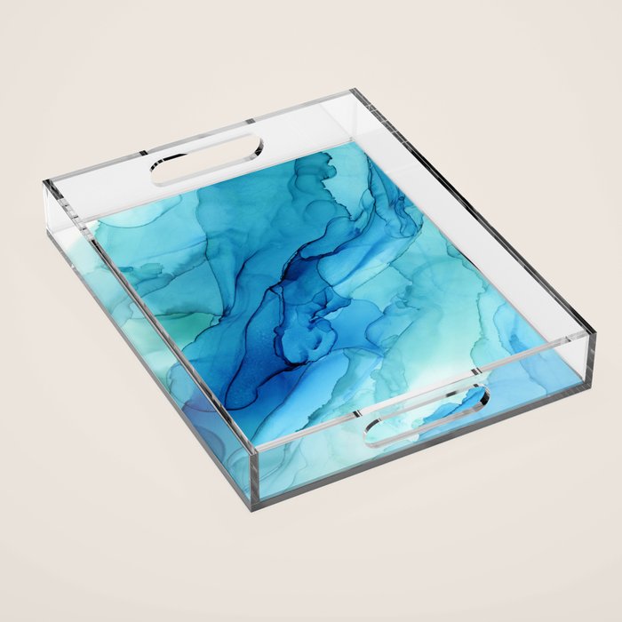 Emerald Sea Waves - Abstract Ombre Flowing Ink Acrylic Tray Gallery Image 1