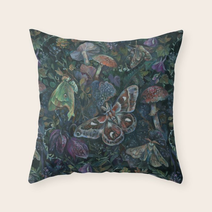 Atlas Moth  Mushroom Night Throw Pillow Gallery Image 6