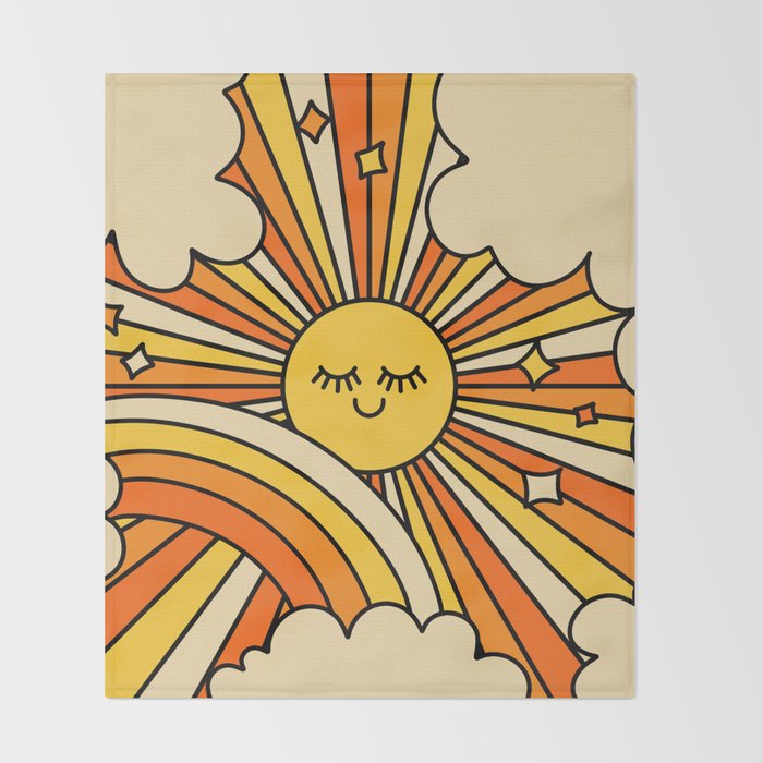 The Happiest Sun Retro Groovy 70s Orange Yellow Throw Blanket Gallery Image 2
