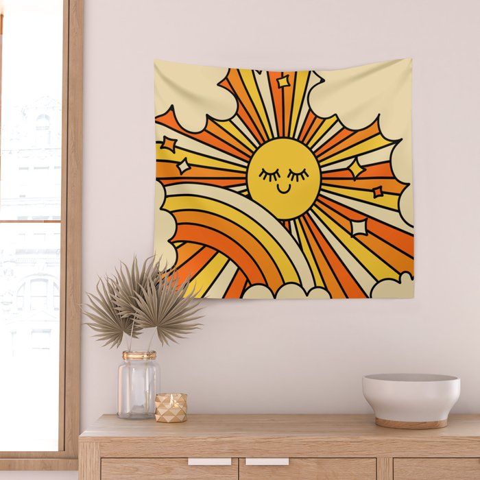 The Happiest Sun Retro Groovy 70s Orange Yellow Wall Tapestry Gallery Image 2