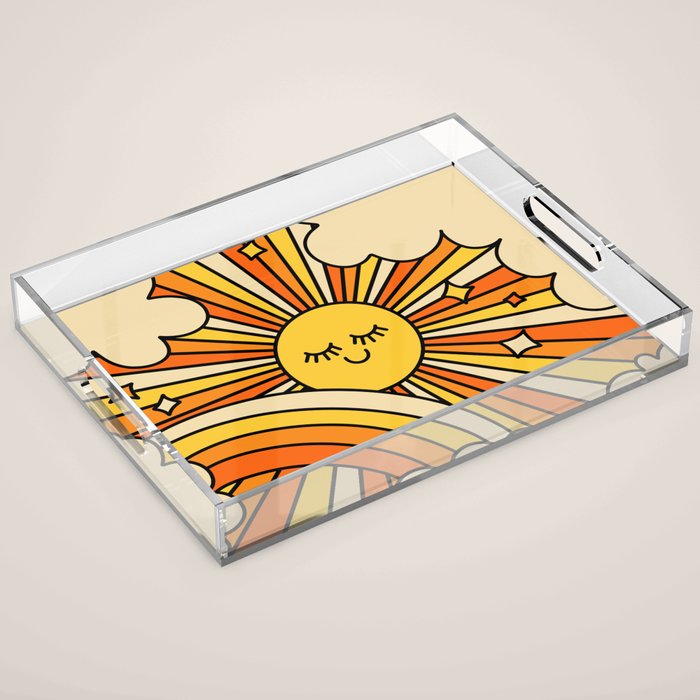 The Happiest Sun Retro Groovy 70s Orange Yellow Acrylic Tray Gallery Image 1