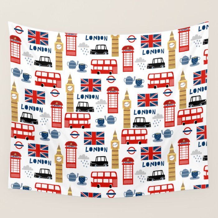 London travel pattern cute england print for nursery kids room boys or girls decor Wall Tapestry Gallery Image 1