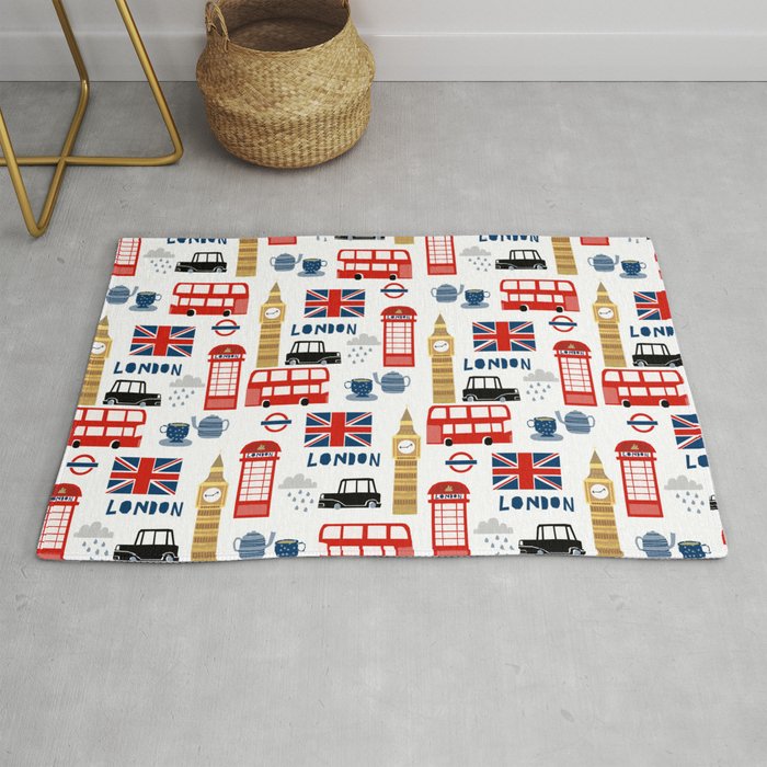 London travel pattern cute england print for nursery kids room boys or girls decor Rug Gallery Image 1