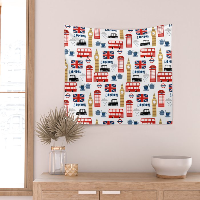 London travel pattern cute england print for nursery kids room boys or girls decor Wall Tapestry Gallery Image 2
