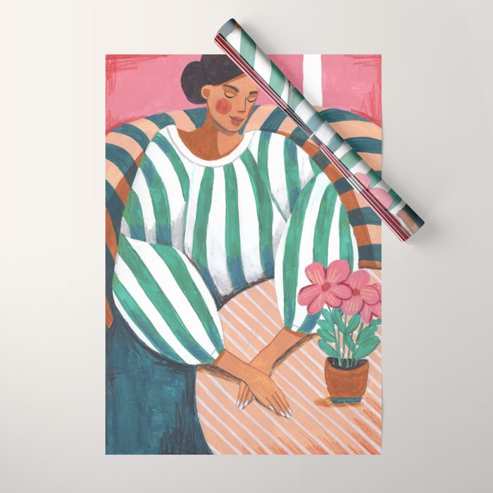 Woman in stripes in thought Wrapping Paper Gallery Image 1