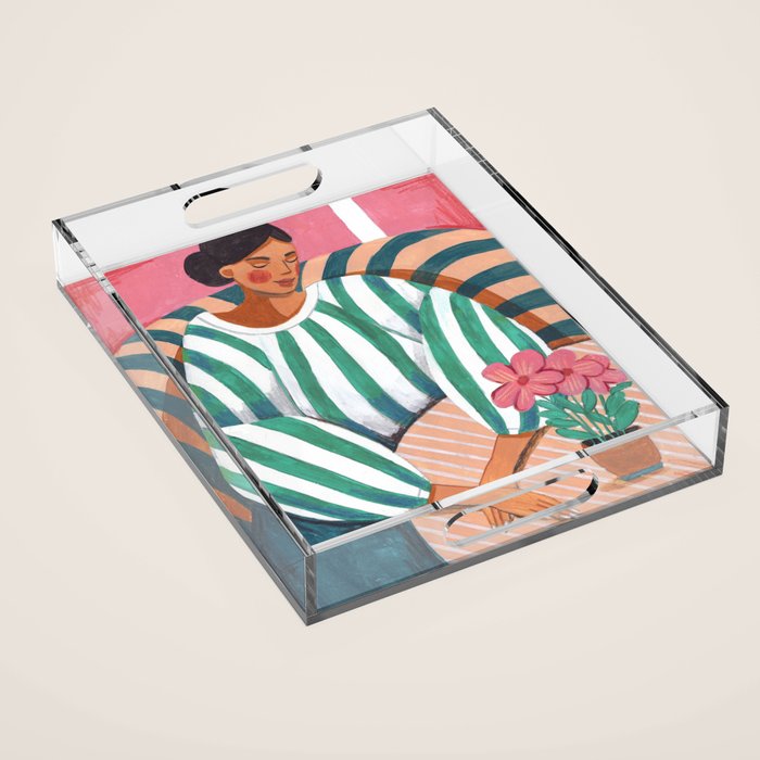 Woman in stripes in thought Acrylic Tray Gallery Image 1
