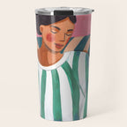 Woman in stripes in thought Travel Mug Gallery Image 1