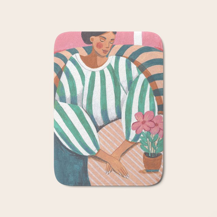 Woman in stripes in thought Bath Mat Gallery Image 1