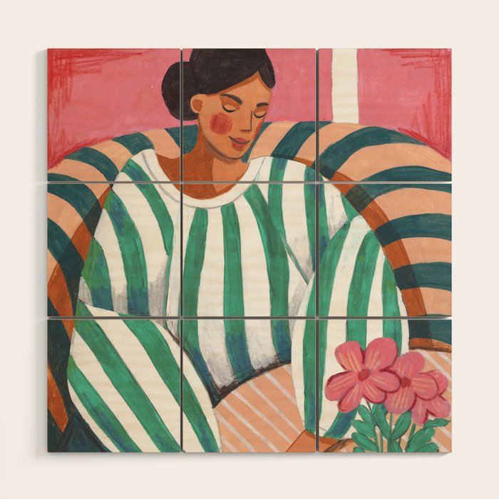 Woman in stripes in thought Wood Wall Art Gallery Image 1