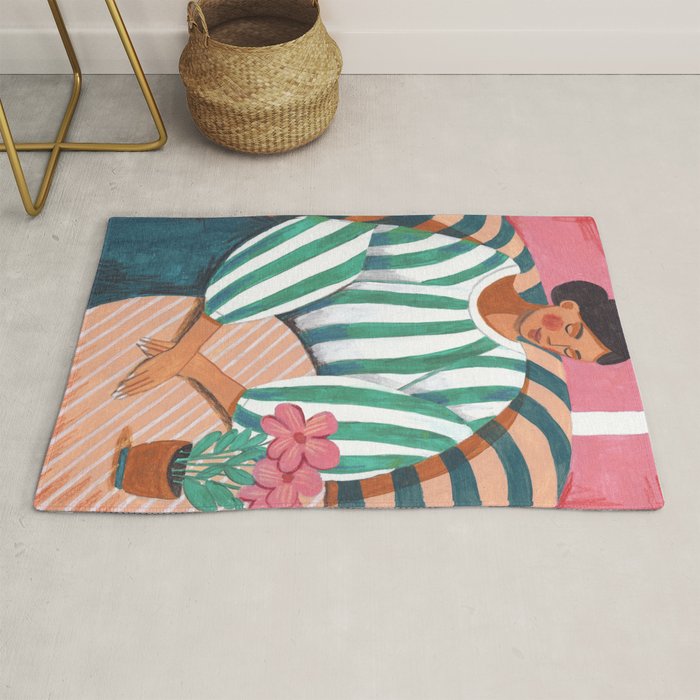 Woman in stripes in thought Rug Gallery Image 1