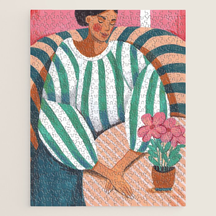 Woman in stripes in thought Jigsaw Puzzle Gallery Image 1
