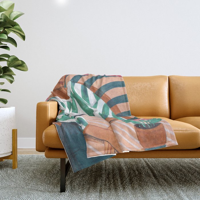 Woman in stripes in thought Throw Blanket Gallery Image 1