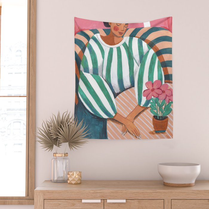 Woman in stripes in thought Wall Tapestry Gallery Image 2