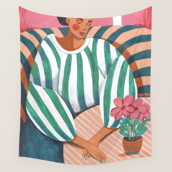 Woman in stripes in thought Wall Tapestry Gallery Image 4