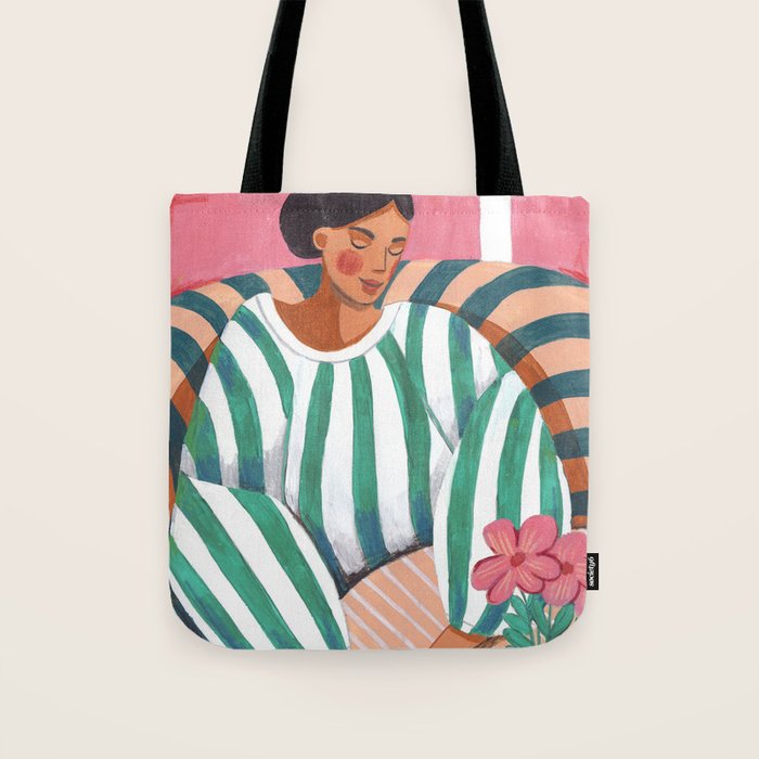 Woman in stripes in thought Tote Bag Gallery Image 1