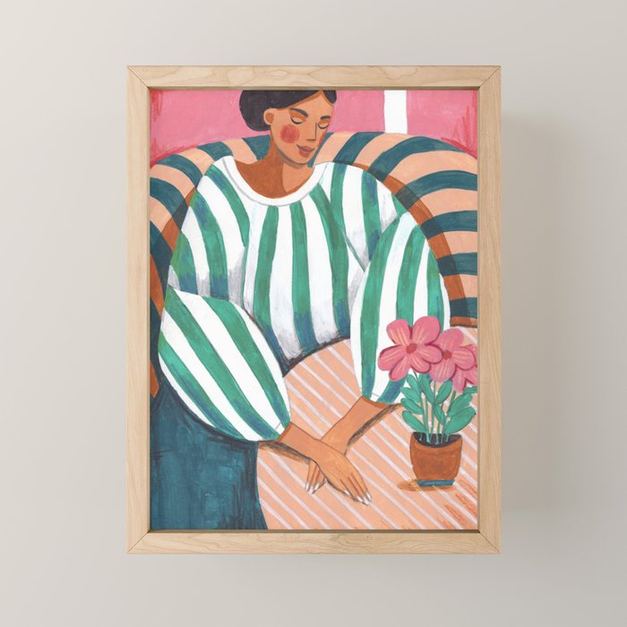 Woman In Stripes In Thought Mini Art Print