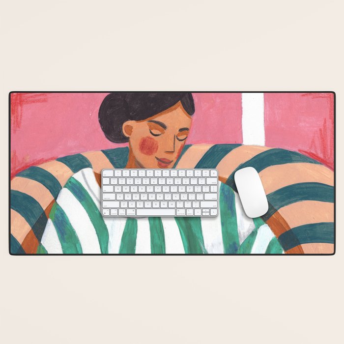 Woman in stripes in thought Desk Mat Gallery Image 1