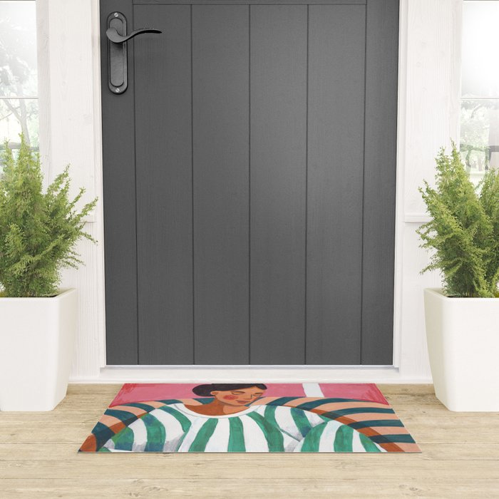 Woman in stripes in thought Welcome Mat Gallery Image 3