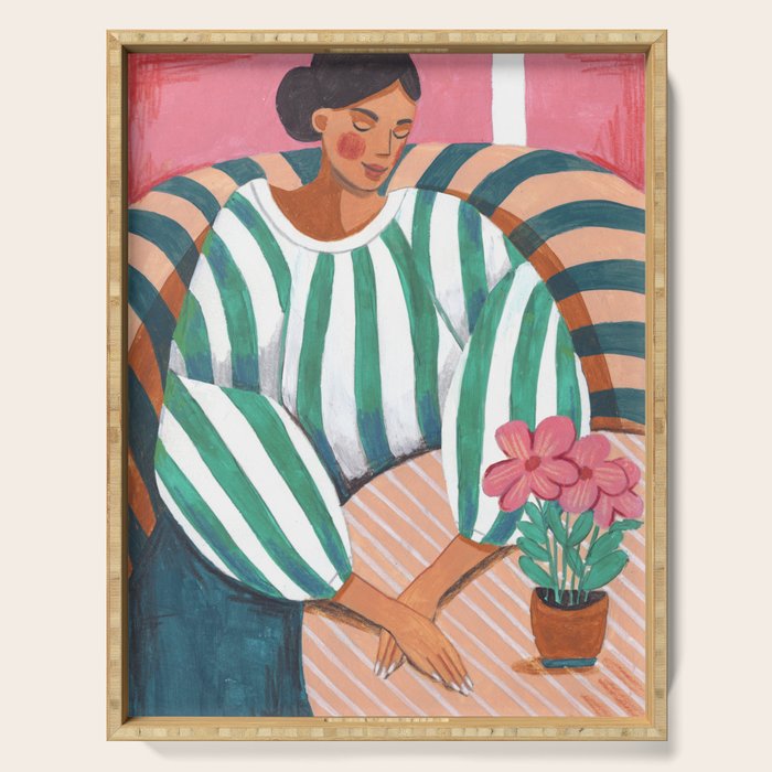 Woman in stripes in thought Serving Tray Gallery Image 1