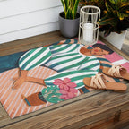 Woman in stripes in thought Outdoor Rug Gallery Image 2