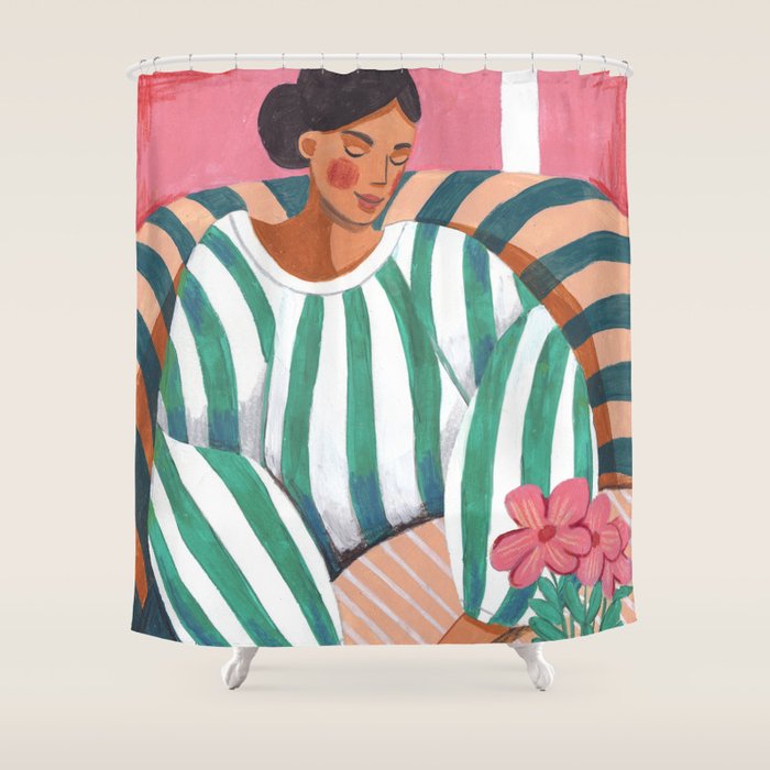 Woman in stripes in thought Shower Curtain Gallery Image 1