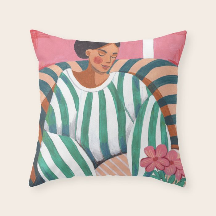 Woman in stripes in thought Throw Pillow Gallery Image 6