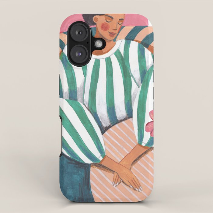 Woman in stripes in thought iPhone Case Gallery Image 1
