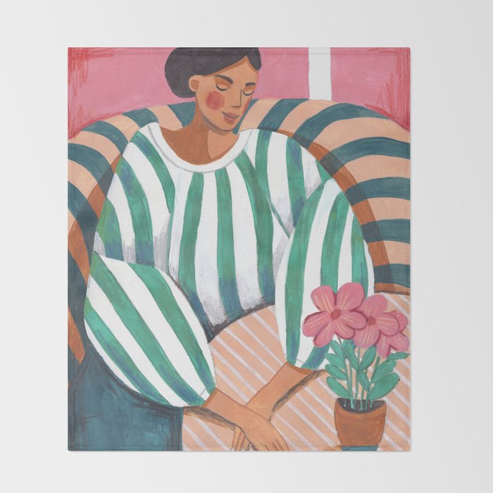 Woman in stripes in thought Throw Blanket Gallery Image 2