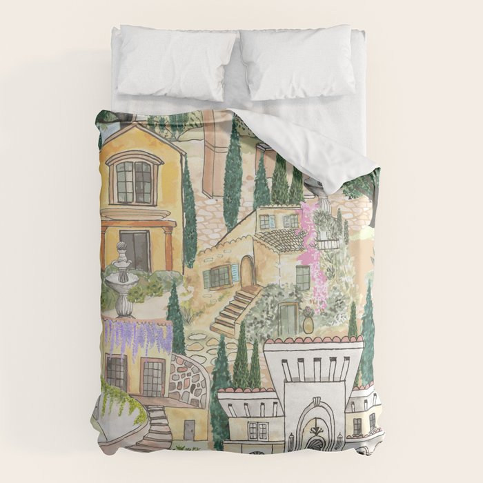 Tuscan villas watercolor Duvet Cover