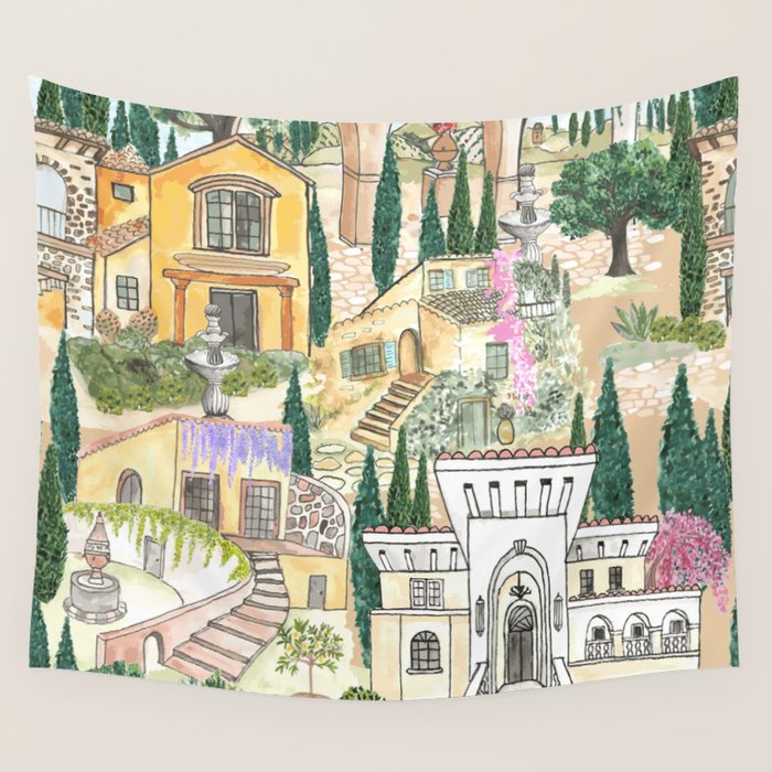 Tuscan villas watercolor Wall Tapestry Gallery Image 4