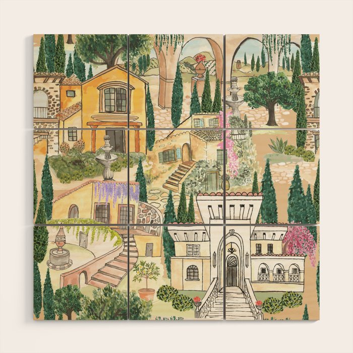 Tuscan villas watercolor Wood Wall Art
