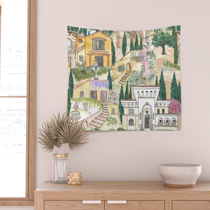 Tuscan villas watercolor Wall Tapestry Gallery Image 2