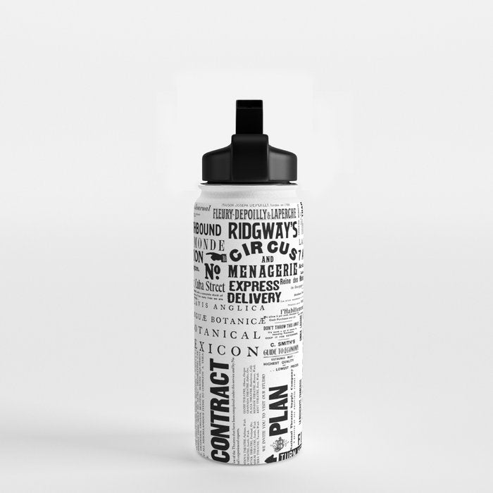 Vintage Typography And Headline Mix Black And White Water Bottle Gallery Image 2