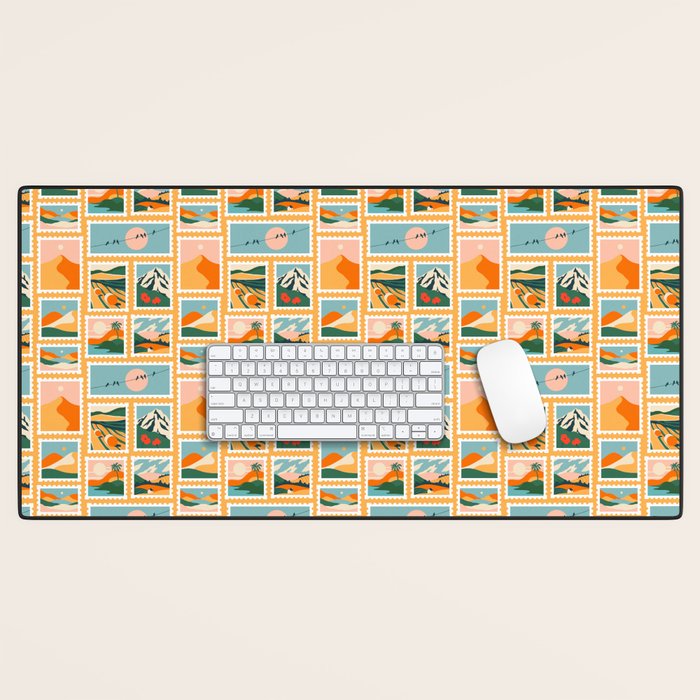 Vintage nature landscape post card stamp pattern Desk Mat Gallery Image 1