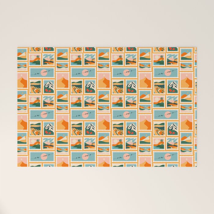 Vintage nature landscape post card stamp pattern Welcome Mat Gallery Image 1