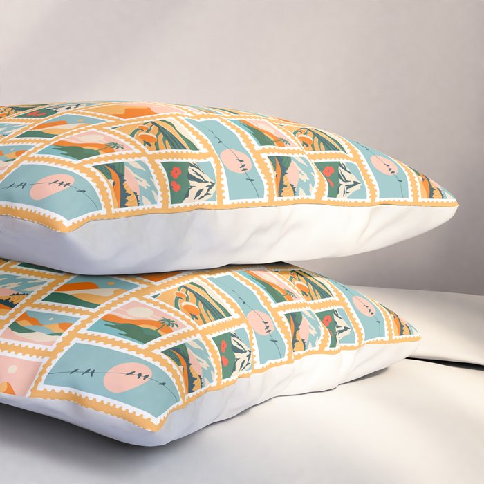 Vintage nature landscape post card stamp pattern Pillow Sham Gallery Image 3