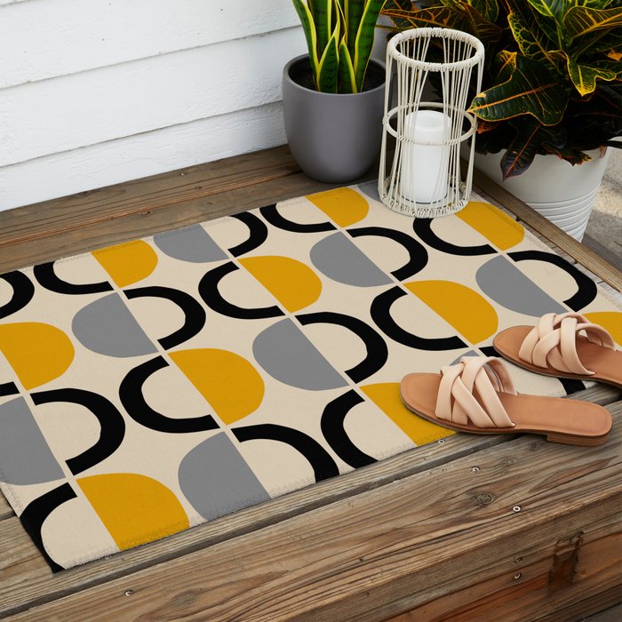 Mid Century Modern Half Circle Pattern 547 Beige Black Gray and Yellow Outdoor Rug Gallery Image 2