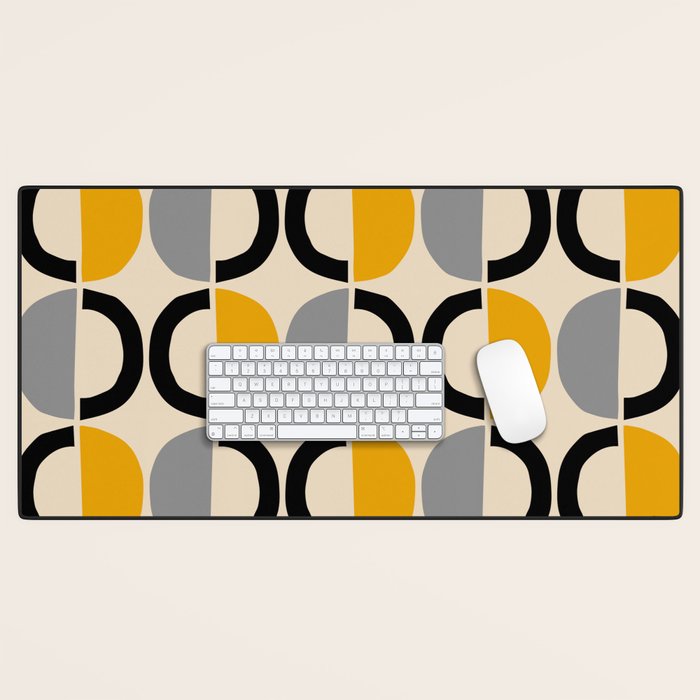 Mid Century Modern Half Circle Pattern 547 Beige Black Gray and Yellow Desk Mat Gallery Image 1