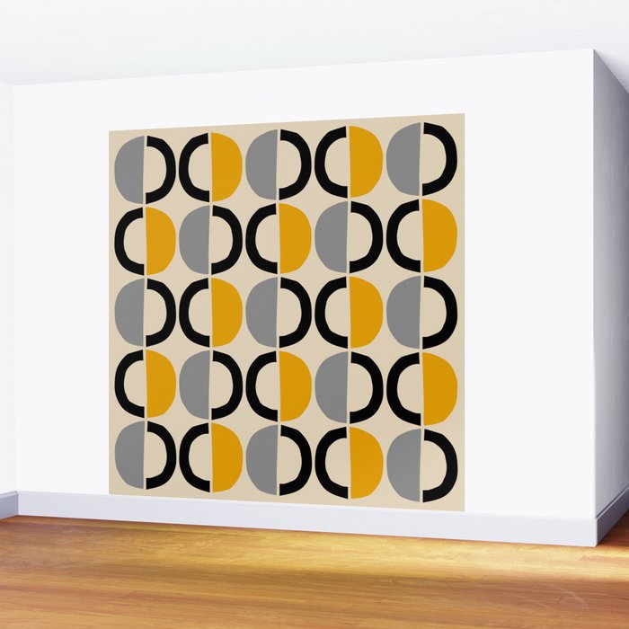 Mid Century Modern Half Circle Pattern 547 Beige Black Gray and Yellow Wall Mural Gallery Image 2