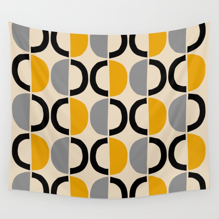 Mid Century Modern Half Circle Pattern 547 Beige Black Gray and Yellow Wall Tapestry Gallery Image 4