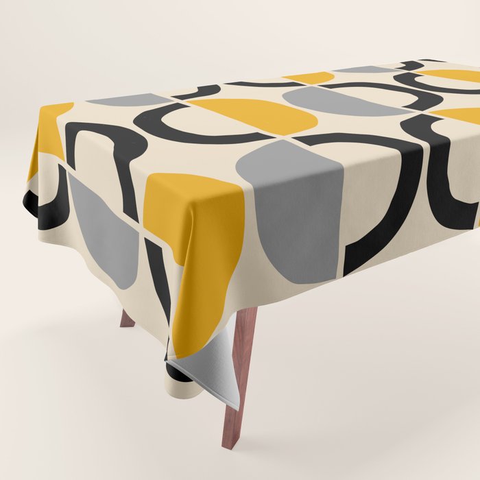 Mid Century Modern Half Circle Pattern 547 Beige Black Gray and Yellow Tablecloth Gallery Image 1