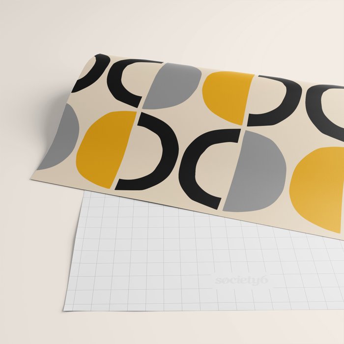 Mid Century Modern Half Circle Pattern 547 Beige Black Gray and Yellow Wrapping Paper Gallery Image 2