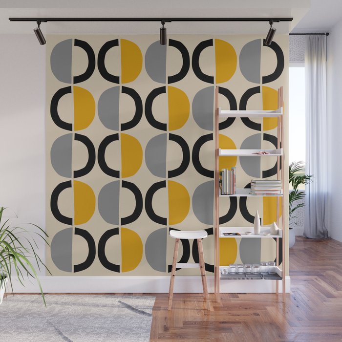 Mid Century Modern Half Circle Pattern 547 Beige Black Gray and Yellow Wall Mural Gallery Image 1