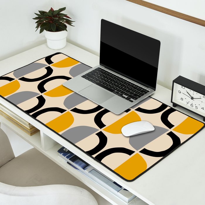 Mid Century Modern Half Circle Pattern 547 Beige Black Gray and Yellow Desk Mat Gallery Image 2