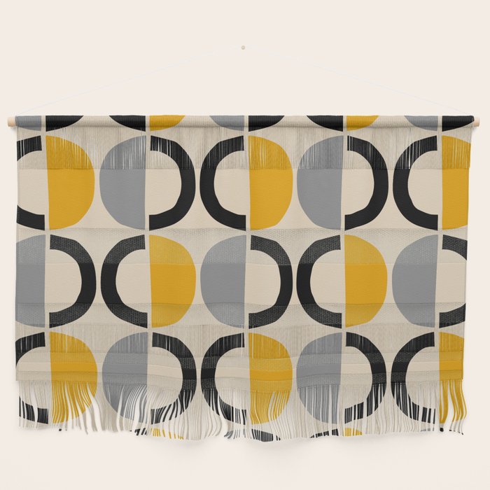 Mid Century Modern Half Circle Pattern 547 Beige Black Gray and Yellow Wall Hanging Gallery Image 1