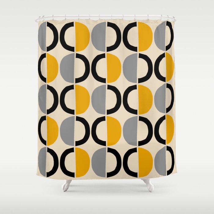 Mid Century Modern Half Circle Pattern 547 Beige Black Gray and Yellow Shower Curtain Gallery Image 1