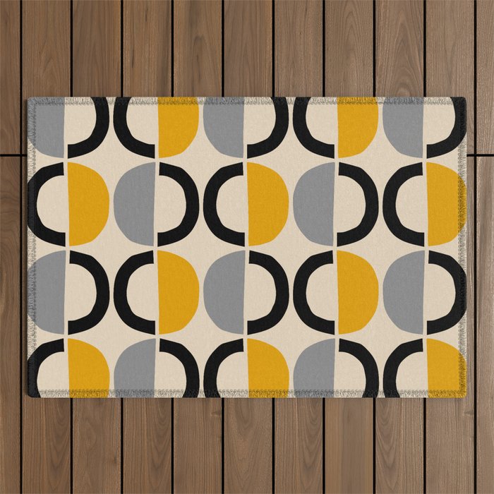 Mid Century Modern Half Circle Pattern 547 Beige Black Gray and Yellow Outdoor Rug Gallery Image 1