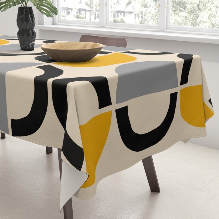 Mid Century Modern Half Circle Pattern 547 Beige Black Gray and Yellow Tablecloth Gallery Image 3