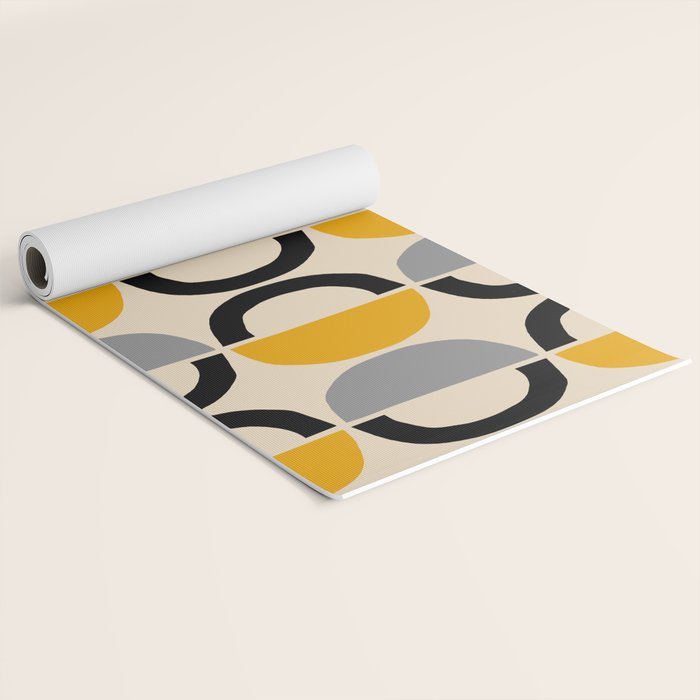 Mid Century Modern Half Circle Pattern 547 Beige Black Gray and Yellow Yoga Mat Gallery Image 2