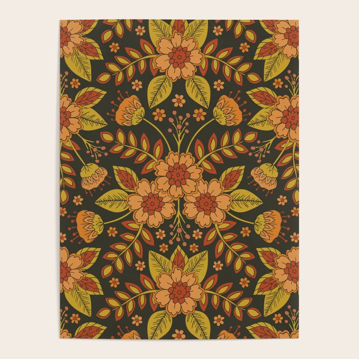 Orange, Peach, Olive Green & Dark Gray Floral Pattern Poster Gallery Image 1